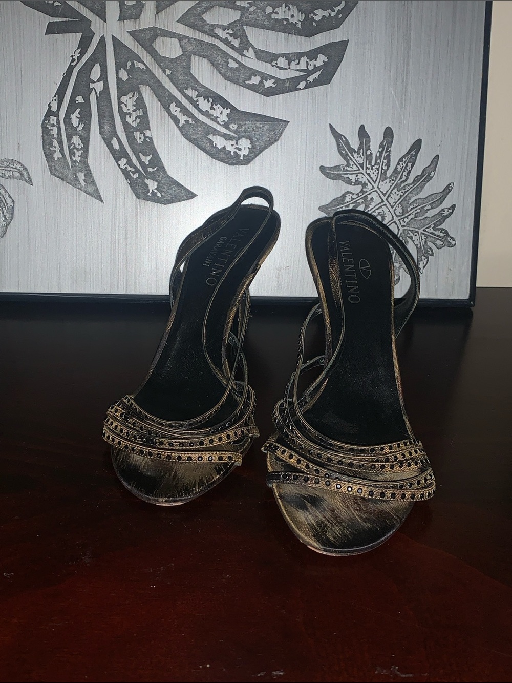 Valentino Black and Olive Green Studded Slingback Heels sz 38.5